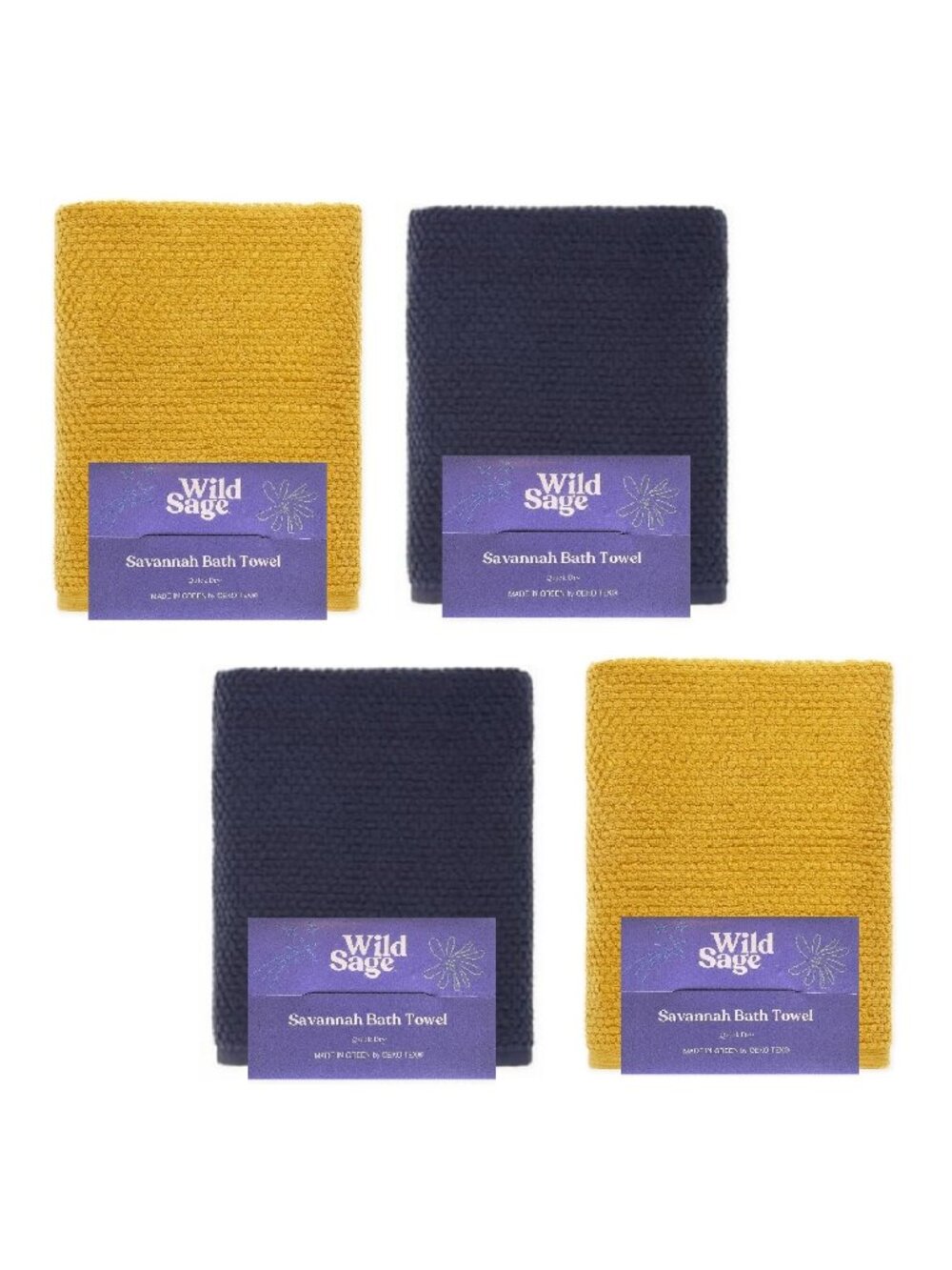 new Wild Sage Savannah 90% Cotton BATH Towels = 2 Yolk Yellow + 2 Bijou Blue